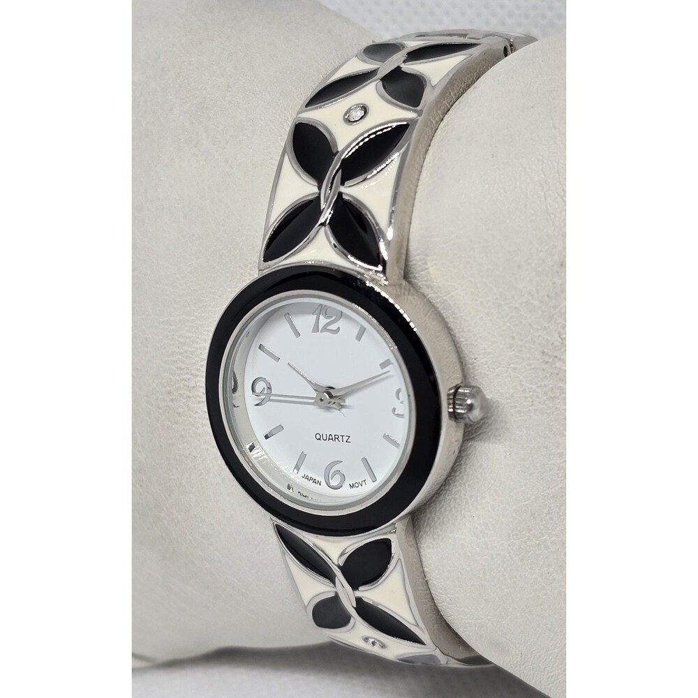 Women's Fancy Trendy Round White Silver Black Tone Cuff Band Watch 12 - Picture 2 of 9